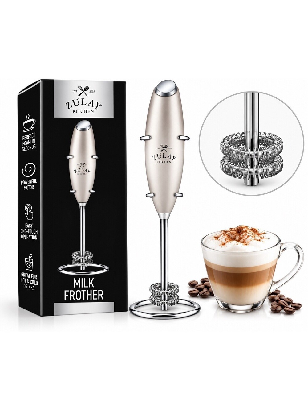 🤍 Zulay Kitchen Milk Frother Silver Double Whisk Electric Handheld w/ Stand